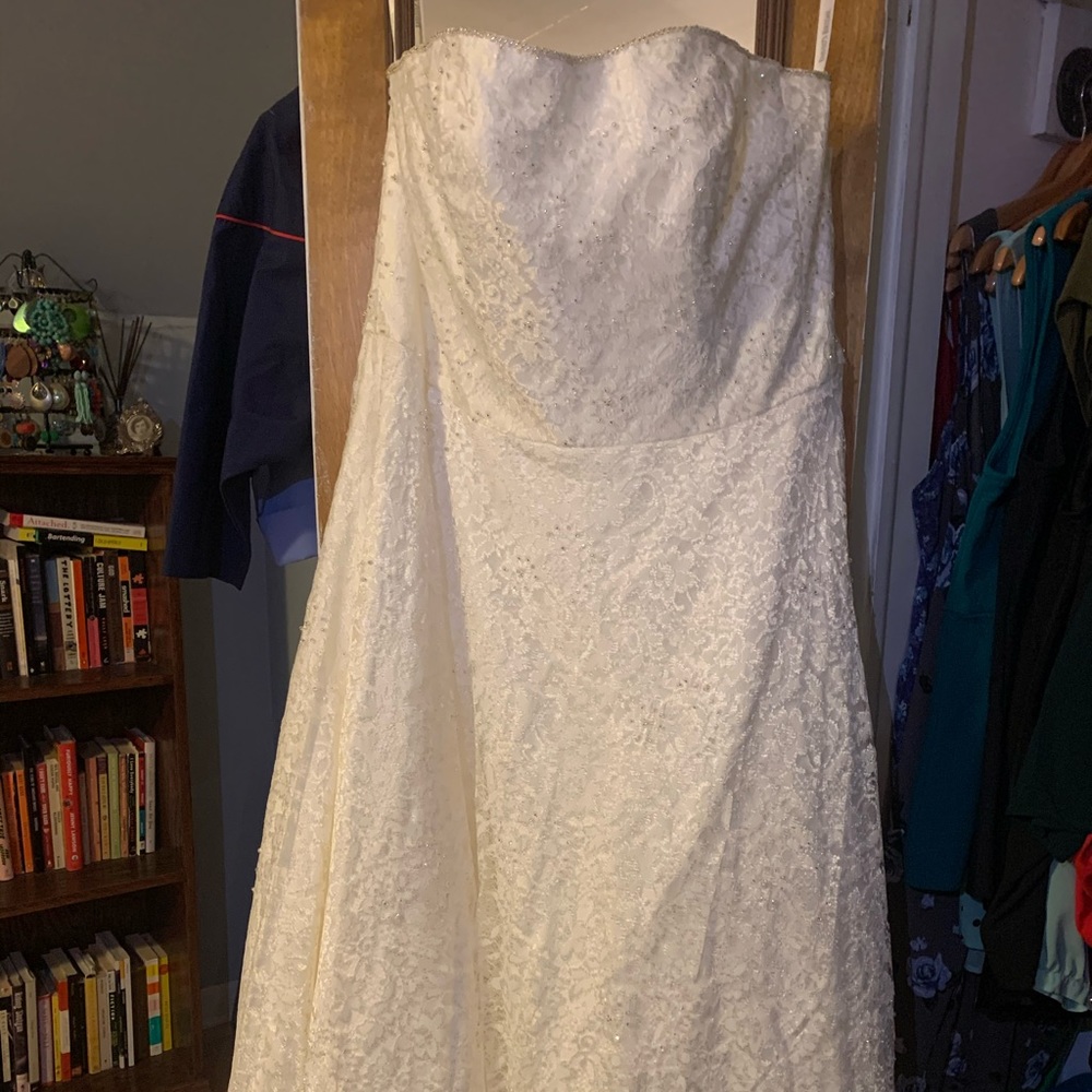 Strapless T-length lace wedding dress. Never worn